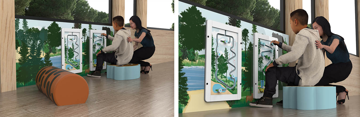 Educational play concepts in a kids corner This image shows a boy playing with a educational wall game