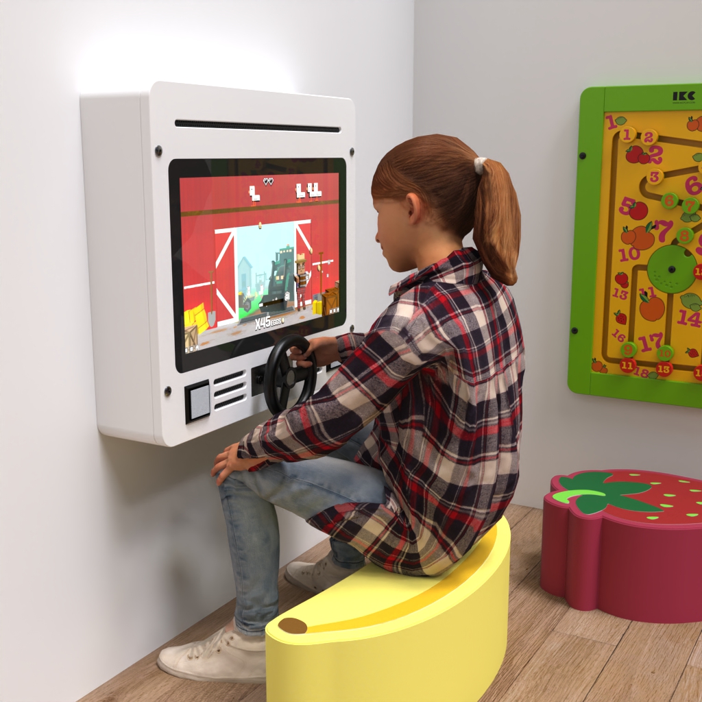 interaktives Spielsystem mit einem Lenkrad und verschiedenen Lernspielen Wandspiele und weiche Sitzkissen